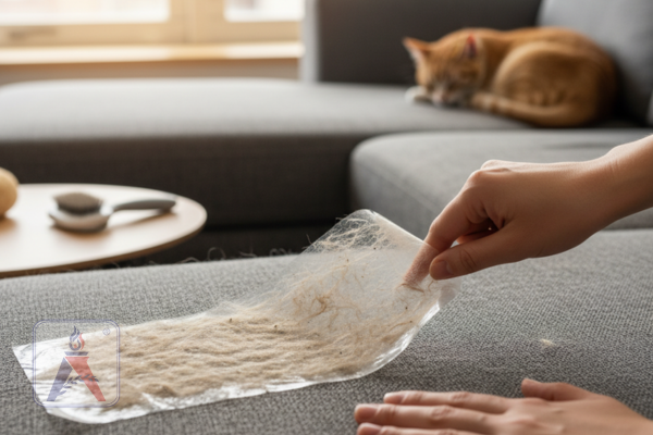 Một người đang dán và miết một mảng băng dính trong lớn lên bề mặt sofa vải màu xám, sau đó bóc ra với nhiều lông thú cưng bám vào