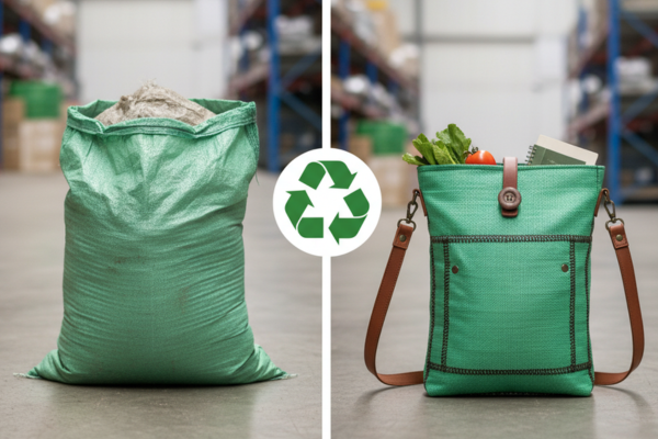 Hình ảnh một bao dứa được đặt cạnh một chiếc túi mua sắm tái ch